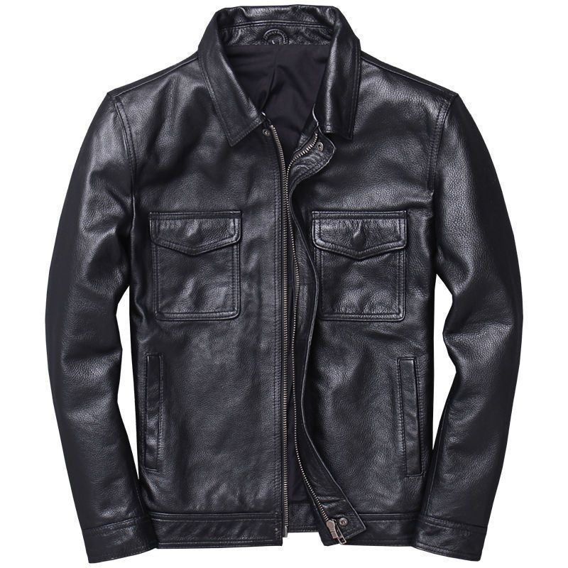 Men's leather jacket in vintage biker style with chest pockets and zipper Fashion Glam