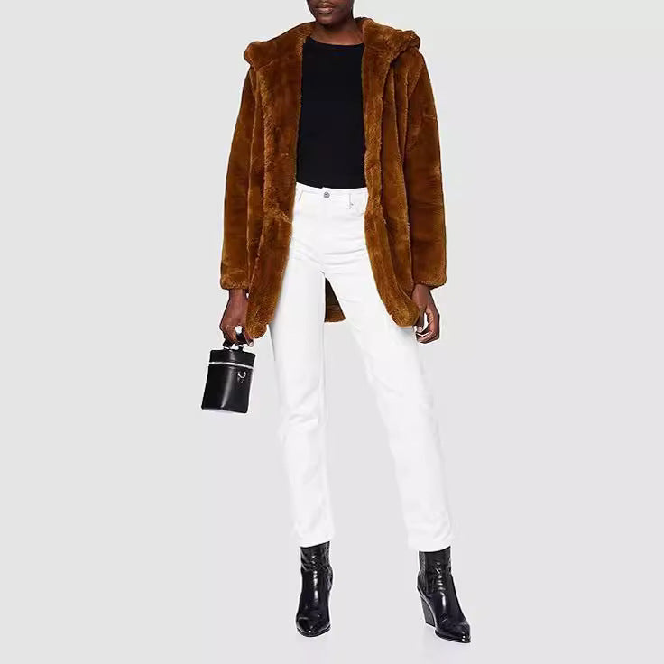 Women's Midi Length Faux Fur Coat with Hood, Teddy Finish and Concealed Button Placket Fashion Glam