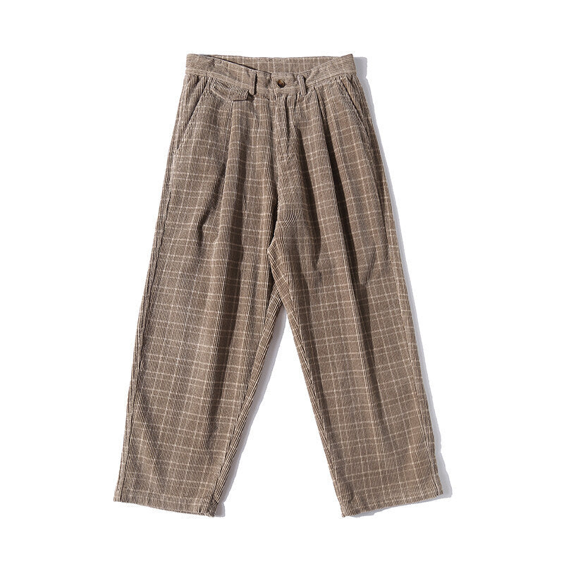 Men's Wide Cord Pants with Pleats, Cropped Cut and Check Pattern Fashion Glam
