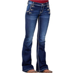 Women's High-Waisted Flared Jeans with Decorative Metal Buttons and Contrast Stitching Fashion Glam