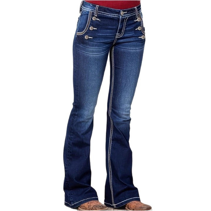 Women's High-Waisted Flared Jeans with Decorative Metal Buttons and Contrast Stitching Fashion Glam