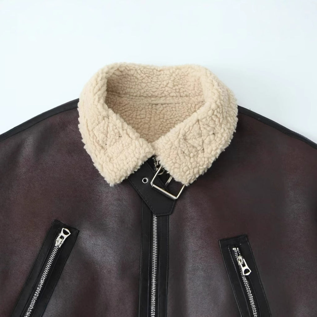 Women's Short Aviator Jacket in Leather Look with Teddy Lining, Zipper Pockets, and Waist Belt Fashion Glam