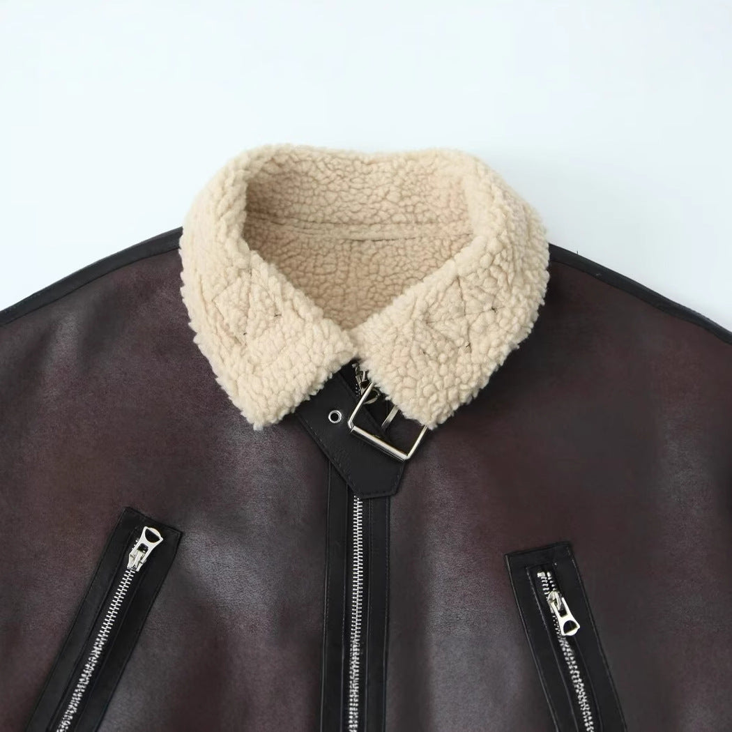 Women's Short Aviator Jacket in Leather Look with Teddy Lining, Zipper Pockets, and Waist Belt Fashion Glam