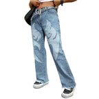 Women Baggy Jeans with contrasting flame appliqués & raw hem Fashion Glam