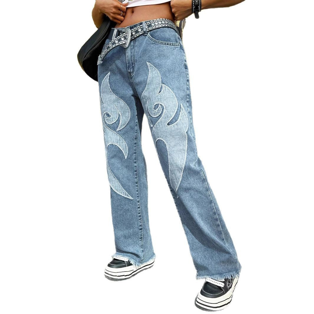 Women Baggy Jeans with contrasting flame appliqués & raw hem Fashion Glam