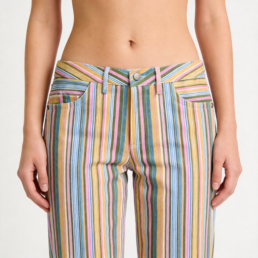 Women's straight-cut high-waisted pants with vertical multi-stripe pattern and five-pocket cut Fashion Glam