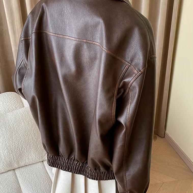 Women's Boxy Faux Leather Pilot Jacket with Flap Pockets and Elastic Hem Fashion Glam
