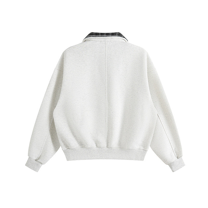 Unisex Oversized Sweatshirt with inset check shirt collar and half zipper Fashion Glam