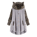 Women's teddy coat with hood, button placket, and contrasting leopard sleeves Fashion Glam