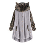 Women's teddy coat with hood, button placket, and contrasting leopard sleeves Fashion Glam