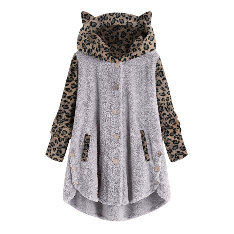 Women's teddy coat with hood, button placket, and contrasting leopard sleeves Fashion Glam