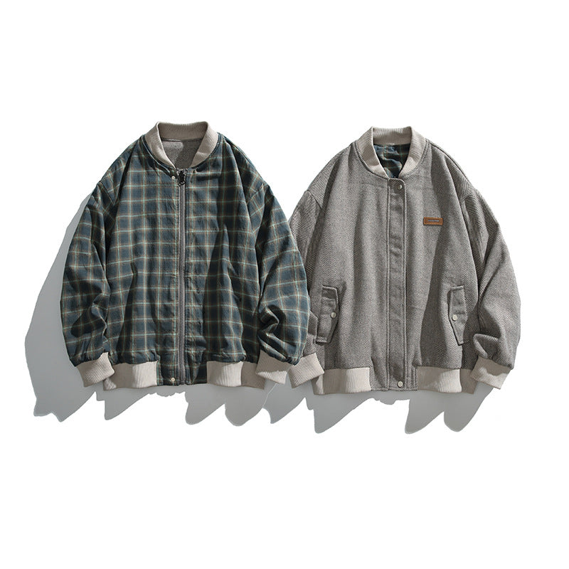 Unisex boxy bomber jacket in herringbone look with ribbed cuffs, flap pockets, and concealed snap button placket Fashion Glam