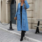 Women Long Denim Trench Coat with Tie Belt and Raglan Sleeves Fashion Glam