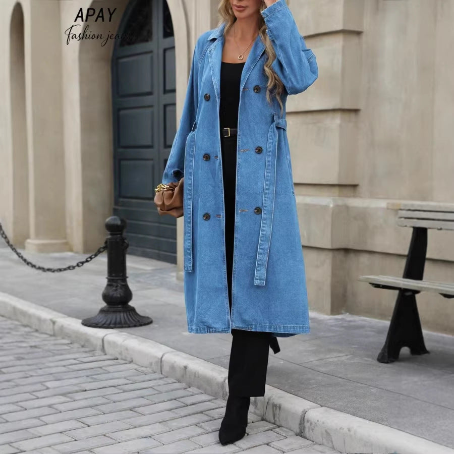 Women Long Denim Trench Coat with Tie Belt and Raglan Sleeves Fashion Glam