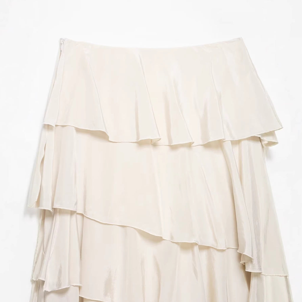 Women's Asymmetrical Tiered Skirt with Ruffles and Flowing Satin Fall Fashion Glam