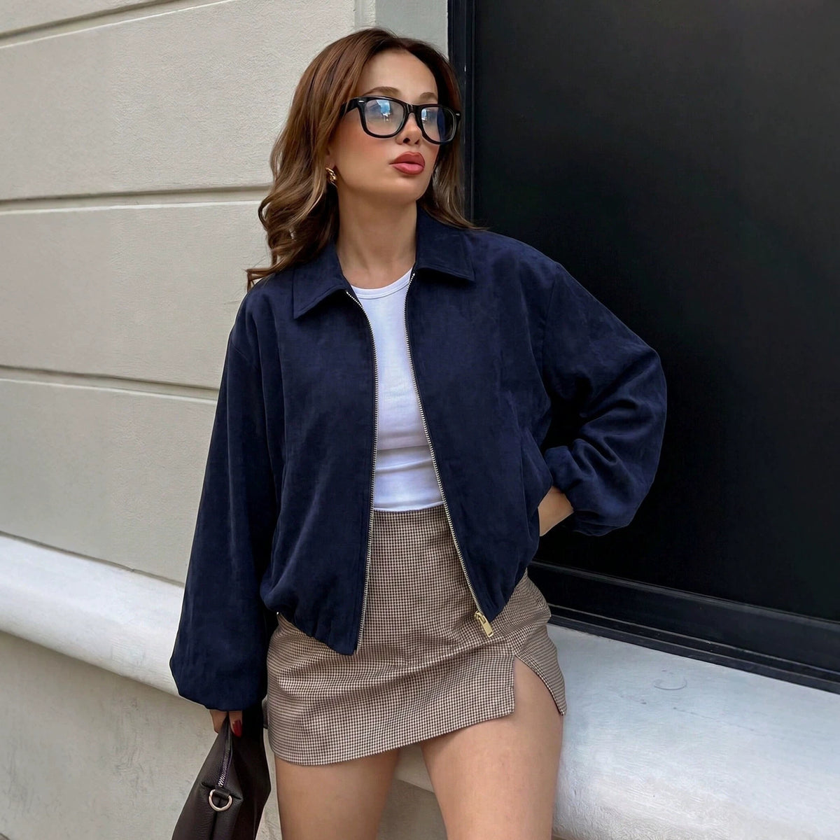Women’s short bomber jacket with zipper, elastic hem, and soft finish Fashion Glam