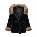 Ladies short coat made of luxurious faux fur with quilted inner lining, hood collar and waist belt Fashion Glam