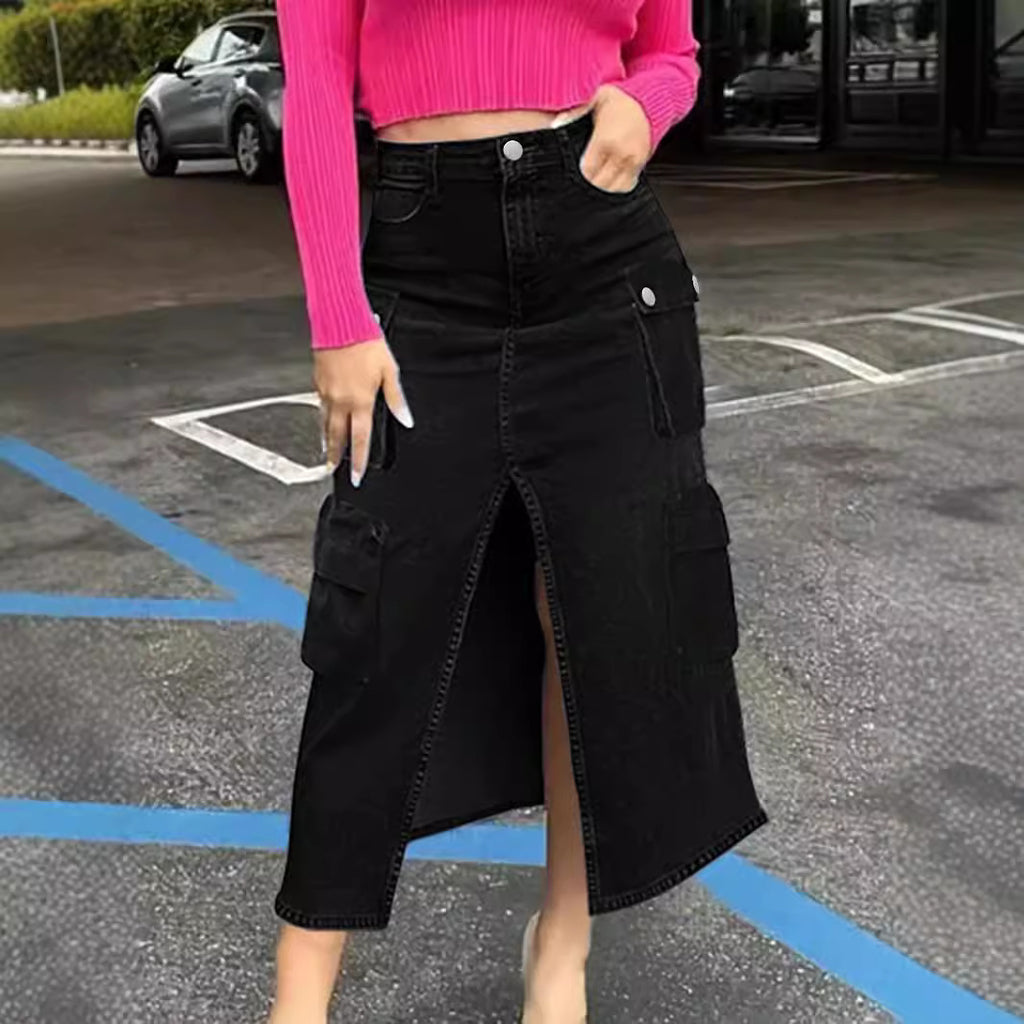 Ladies High-Waist Cargo Denim Midi Skirt with Front Slit Fashion Glam