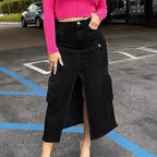 Ladies High-Waist Cargo Denim Midi Skirt with Front Slit Fashion Glam