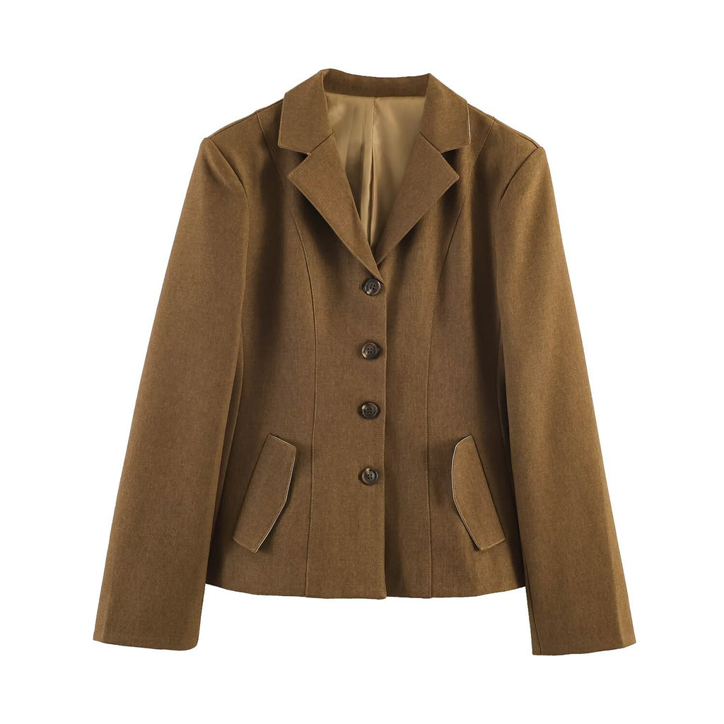Women Tailored Short Blazer with Wiener Seams, Continuous Button Placket and Flap Pockets Fashion Glam