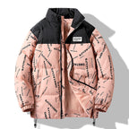 Men's Padded Quilted Jacket with Graphic Text Print, Stand Collar and Adjustable Hem Fashion Glam