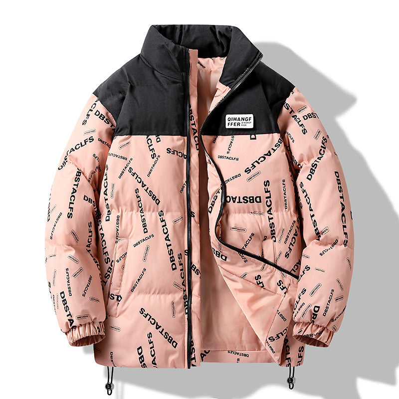 Men's Padded Quilted Jacket with Graphic Text Print, Stand Collar and Adjustable Hem Fashion Glam