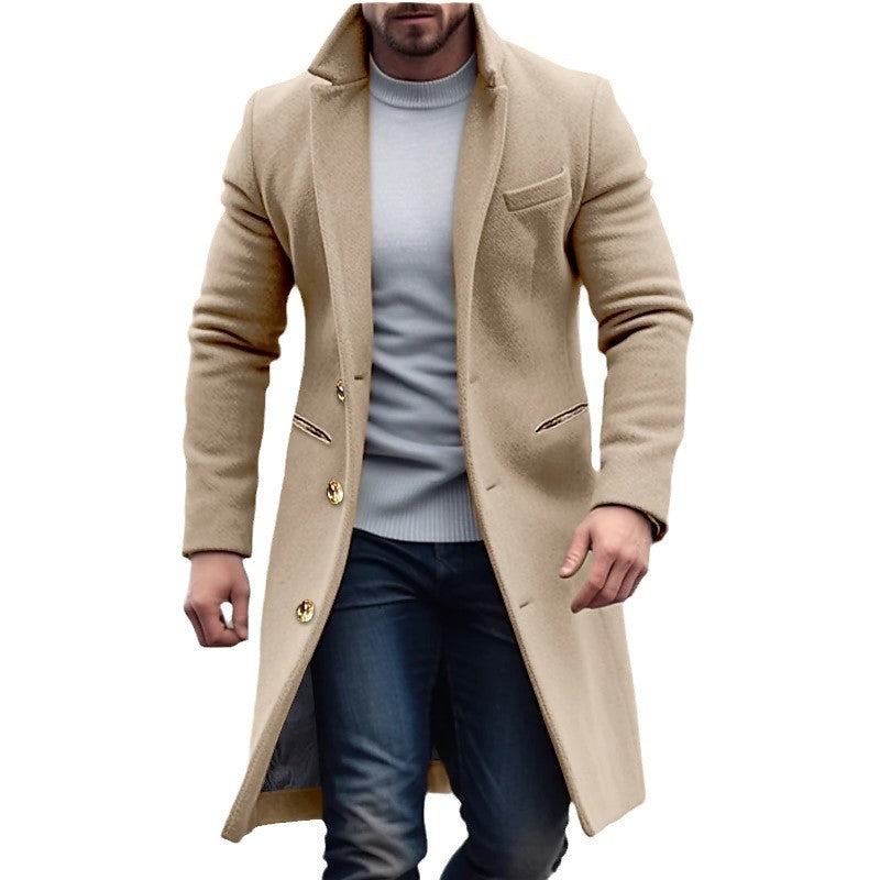 Men's knee-length classic coat with padded lining and elegant button placket Fashion Glam