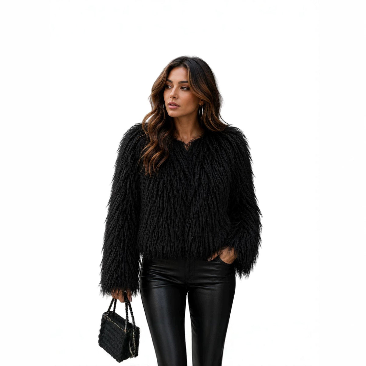Women Short-Cut Shaggy Faux Fur Jacket with Round Neck, Extra Soft Long Hair and Casual Fit Fashion Glam