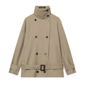 Women's short trench coat with double-breasted button placket, waist belt, and high standing collar Fashion Glam