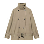 Women's short trench coat with double-breasted button placket, waist belt, and high standing collar Fashion Glam