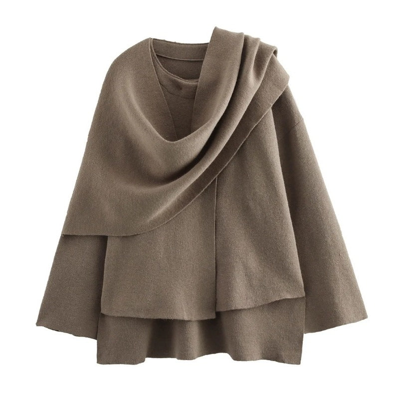 Women's Layered Poncho with Sleeves and Button Collar Fashion Glam