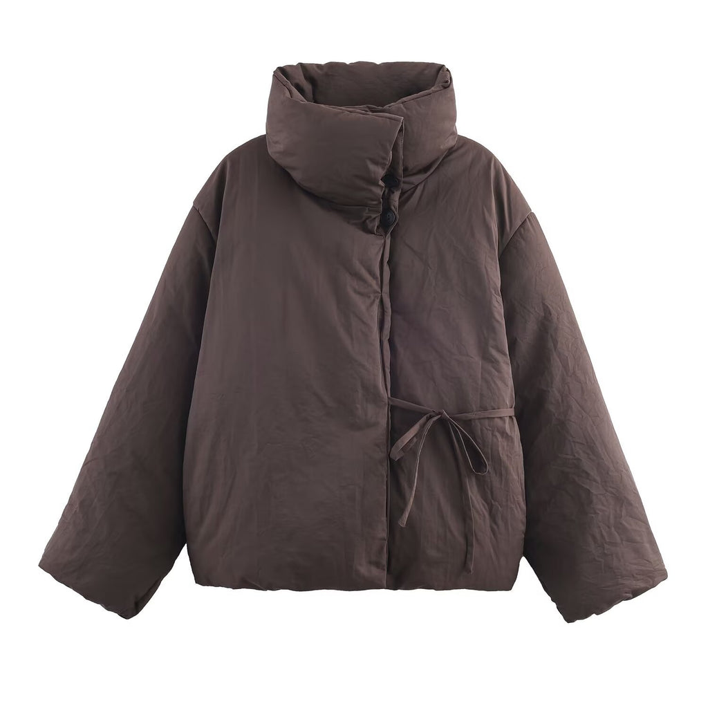 Women's Oversized Quilted Jacket with High Stand Collar and Waist Belt Fashion Glam