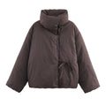 Women's Oversized Quilted Jacket with High Stand Collar and Waist Belt Fashion Glam