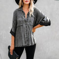 Women's Oversized Denim Blouse with Quilted Yoke, Button Placket and Patch Chest Pockets Fashion Glam