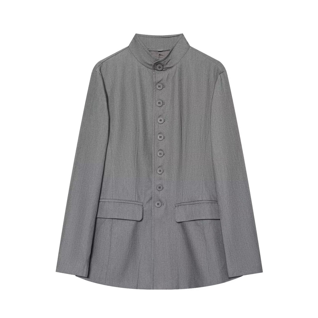 Women's Long Cut Blazer with Stand-up Collar and Full Length Button Placket Fashion Glam