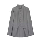 Women's Long Cut Blazer with Stand-up Collar and Full Length Button Placket Fashion Glam