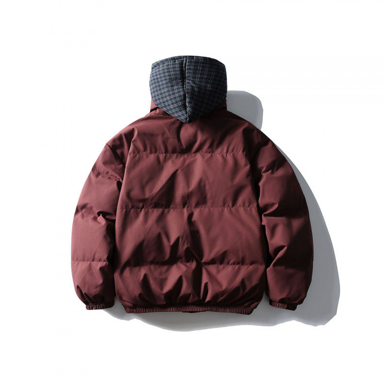 Unisex Padded Puffer Jacket in Boxy Cut with Checkered Insert Hood and High Stand-Up Collar Fashion Glam