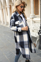 Women's Checked Longline Shacket Coat with Rounded Hem and Patch Breast Pockets Fashion Glam