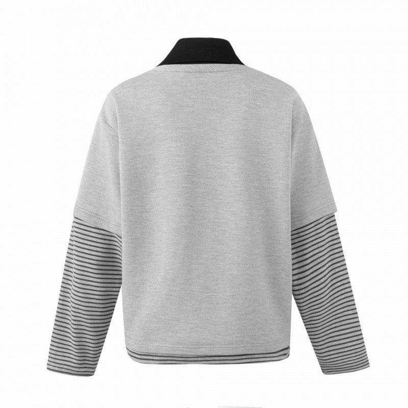 Unisex Oversize Sweatshirt with Layering Polo Collar, Striped Sleeves and Statement Print Fashion Glam