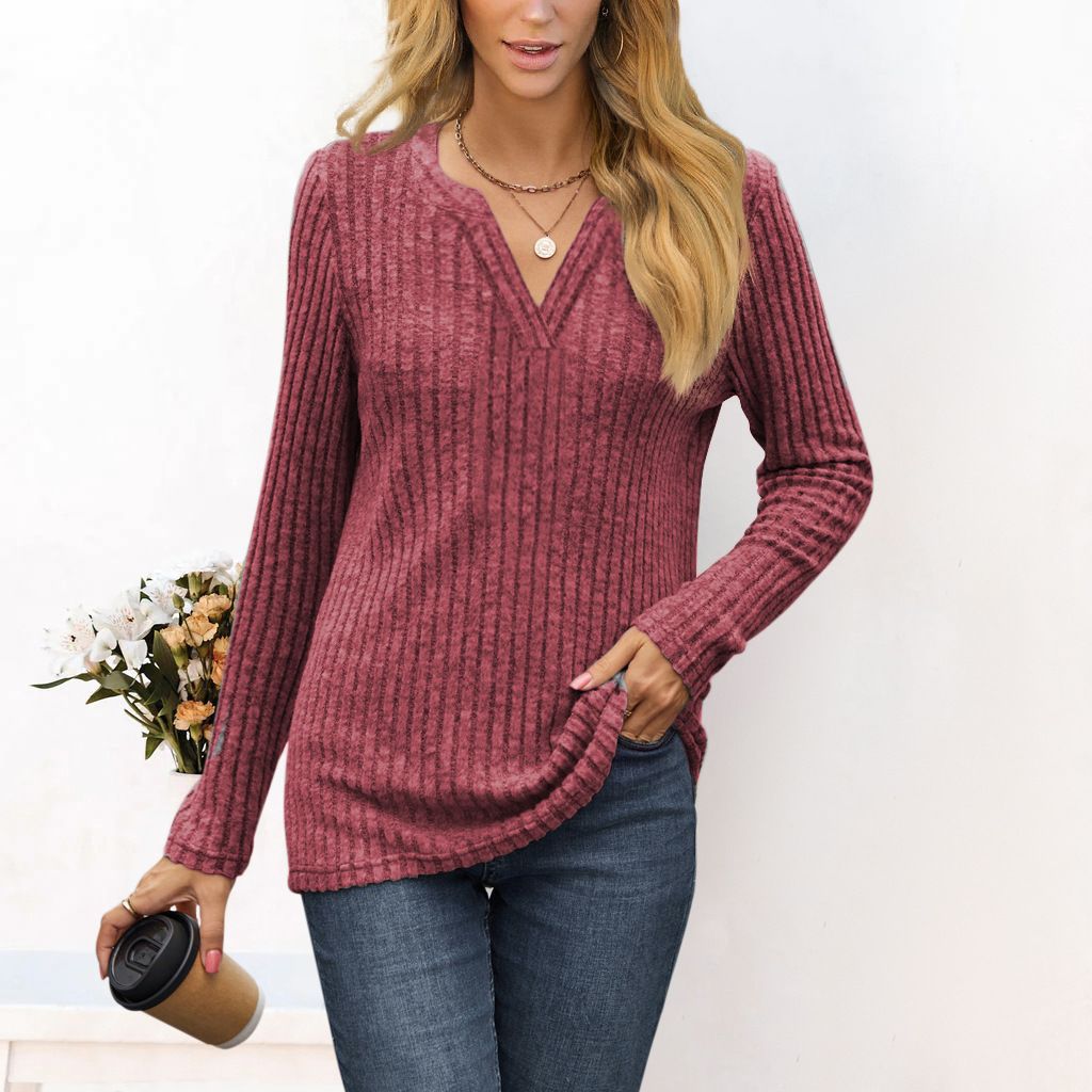 Ladies fine ribbed knit shirt with deep V-neck and tunic length Fashion Glam
