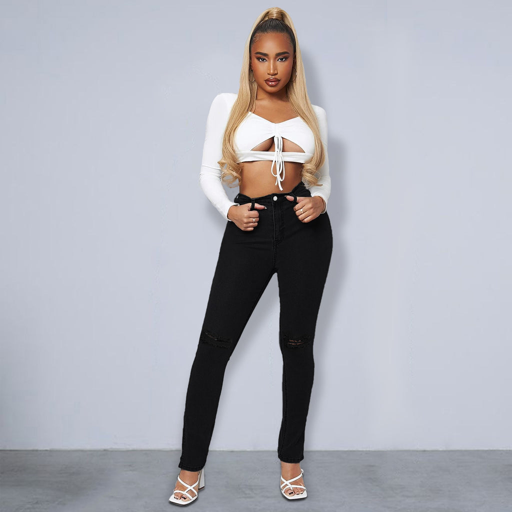 Women's Sculpting High-Waist Skinny Jeans with Knee Slits and Ankle Zippers Fashion Glam