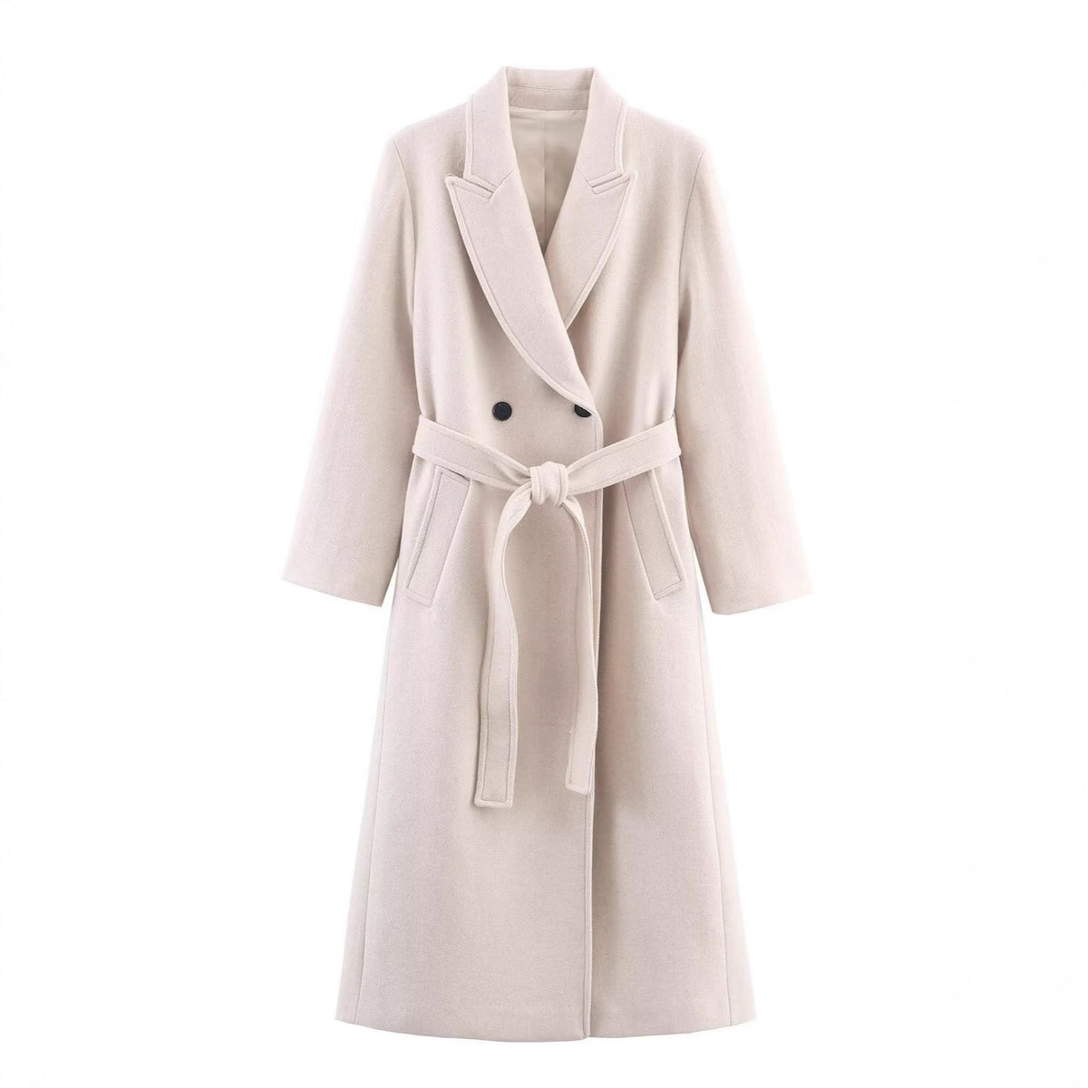 Women Long Tailored Wool Blend Coat with Tie Belt and Lapel Collar Fashion Glam