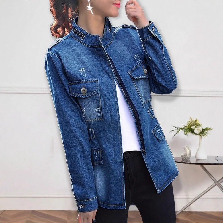 Women tailored denim jacket with stand-up collar, four flap pockets and slightly flared hem Fashion Glam