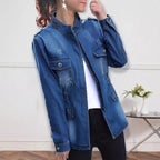 Women tailored denim jacket with stand-up collar, four flap pockets and slightly flared hem Fashion Glam