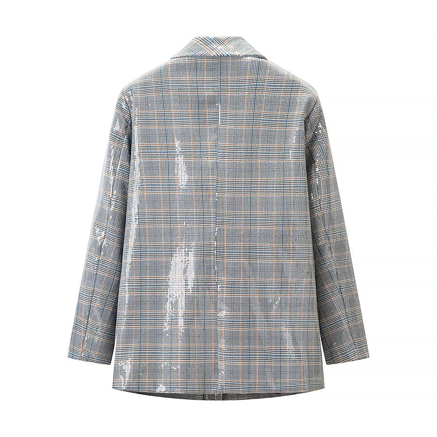 Ladies glencheck blazer with sequin trim and patch pockets Fashion Glam
