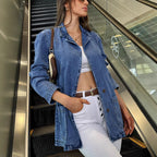 Ladies Longline Denim Jacket with casual oversized cut and patch pockets Fashion Glam