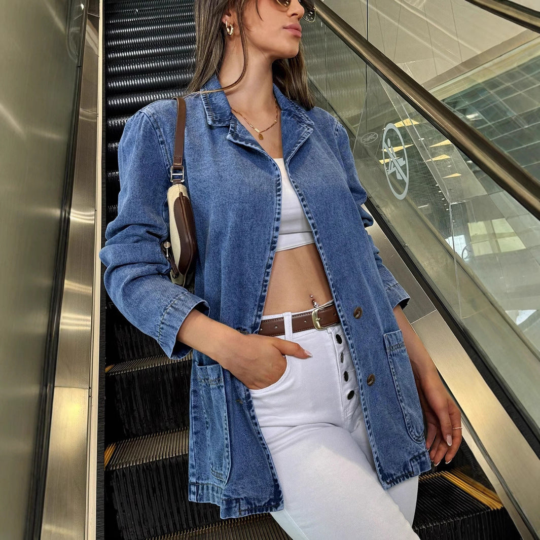 Ladies Longline Denim Jacket with casual oversized cut and patch pockets Fashion Glam