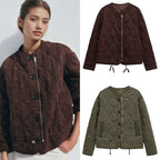 Women quilted transition jacket with zipper and button placket, round neck and drawstring Fashion Glam