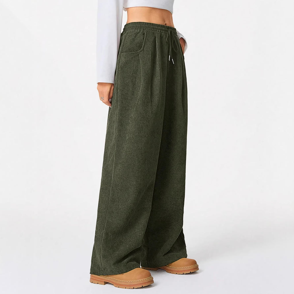 Women's Loose Cord Pants with Elastic Waistband, Drawstring, and Side Pockets Fashion Glam