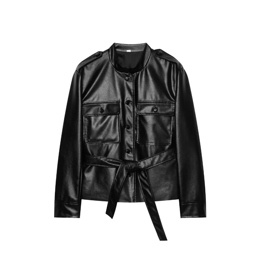 Women Cropped Safari Jacket made of vegan leather with tying belt and epaulettes Fashion Glam